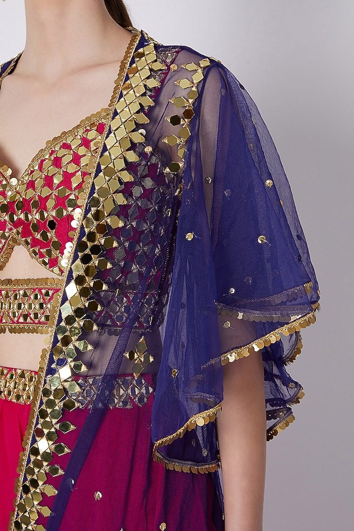 Fuchsia & Blue Mirrors Embroidered Skirt Set by Preeti S Kapoor at Pernia's Pop Up Shop