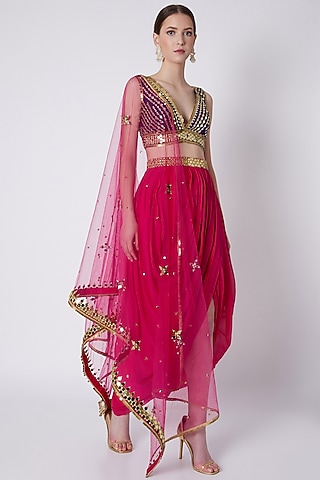 Fuchsia & Blue Embroidered Skirt Set by Preeti S Kapoor