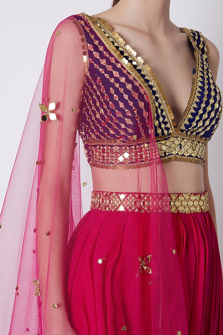 Fuchsia & Blue Embroidered Skirt Set by Preeti S Kapoor at Pernia's Pop Up Shop