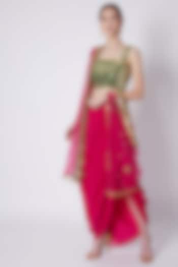 Fuchsia & Green Mirrors Embroidered Skirt Set by Preeti S Kapoor