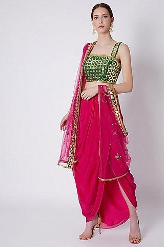 Fuchsia & Green Mirrors Embroidered Skirt Set by Preeti S Kapoor