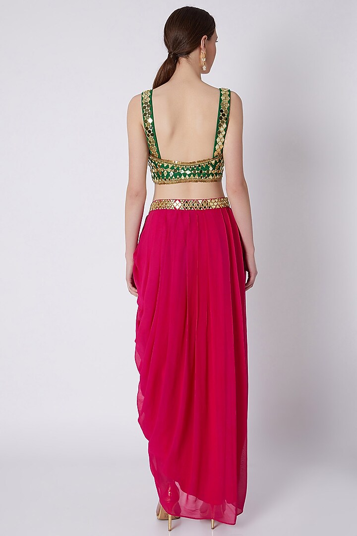 Fuchsia & Green Mirrors Embroidered Skirt Set by Preeti S Kapoor at Pernia's Pop Up Shop