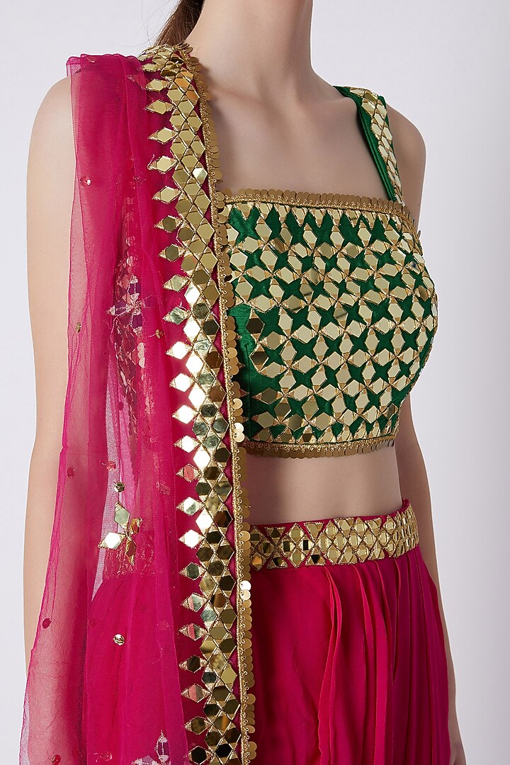 Fuchsia & Green Mirrors Embroidered Skirt Set by Preeti S Kapoor at Pernia's Pop Up Shop