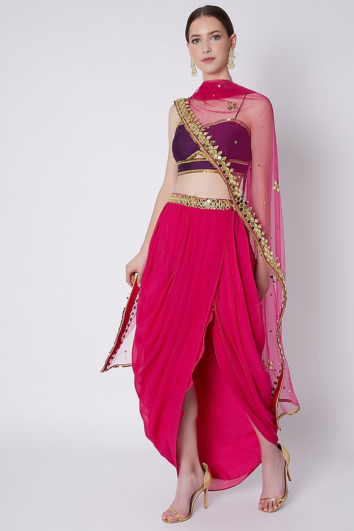 Fuchsia & Purple Mirrors Embroidered Skirt Set by Preeti S Kapoor
