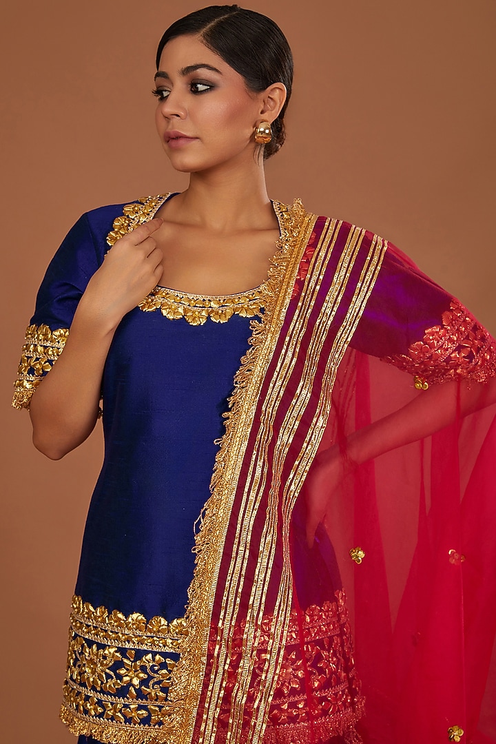 Midnight Blue Dupion Gota Work Wedding Sharara Set by Preeti S Kapoor at Pernia's Pop Up Shop