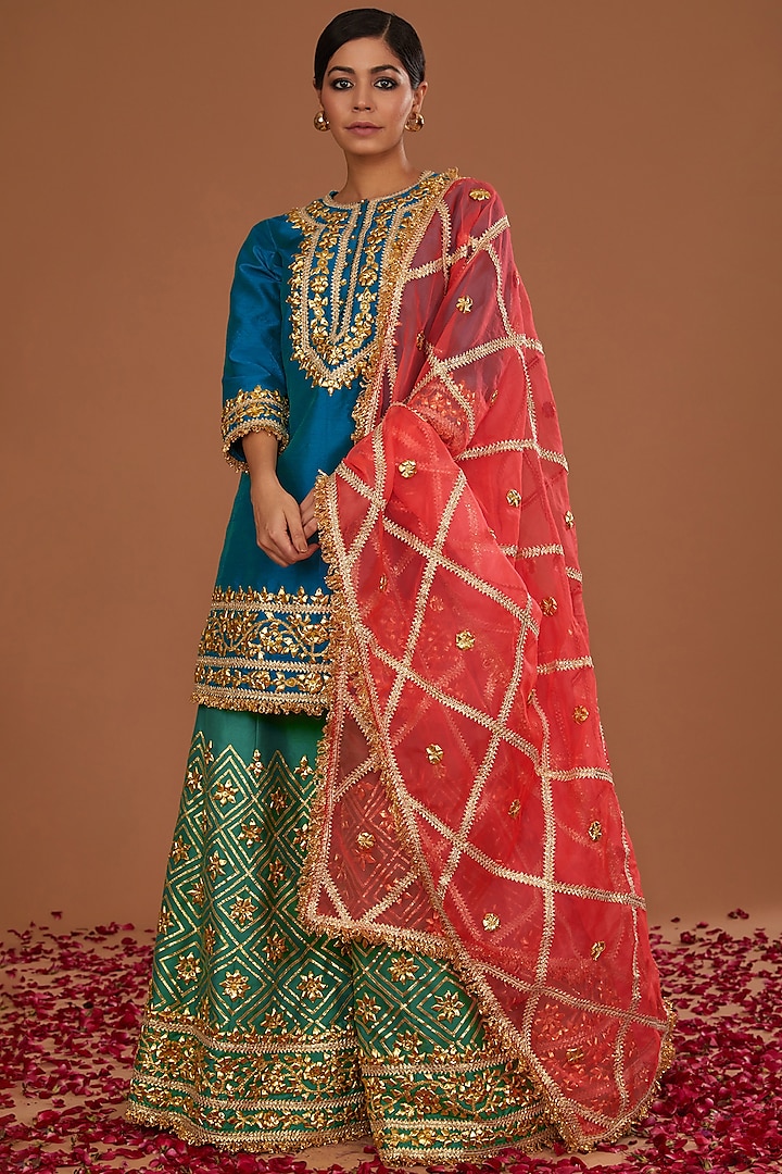 Green Dupion Gota Work Wedding Sharara Set by Preeti S Kapoor at Pernia's Pop Up Shop