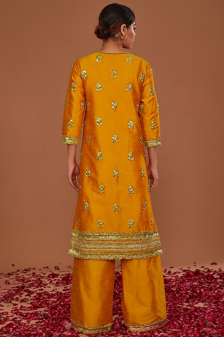 Peachy Orange Dupion Gota Work Kurta Set by Preeti S Kapoor at Pernia's Pop Up Shop