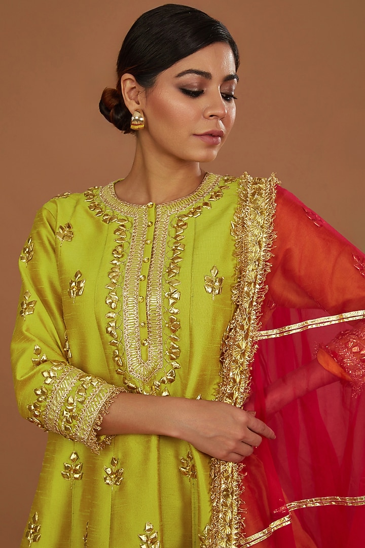 Lime Yellow Dupion Silk Gota Work Wedding Anarkali Set by Preeti S Kapoor at Pernia's Pop Up Shop