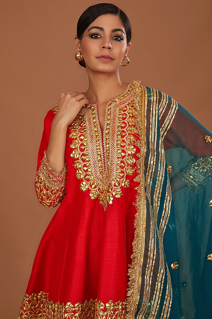 Red Dupion Gota Work Wedding Anarkali Set by Preeti S Kapoor at Pernia's Pop Up Shop