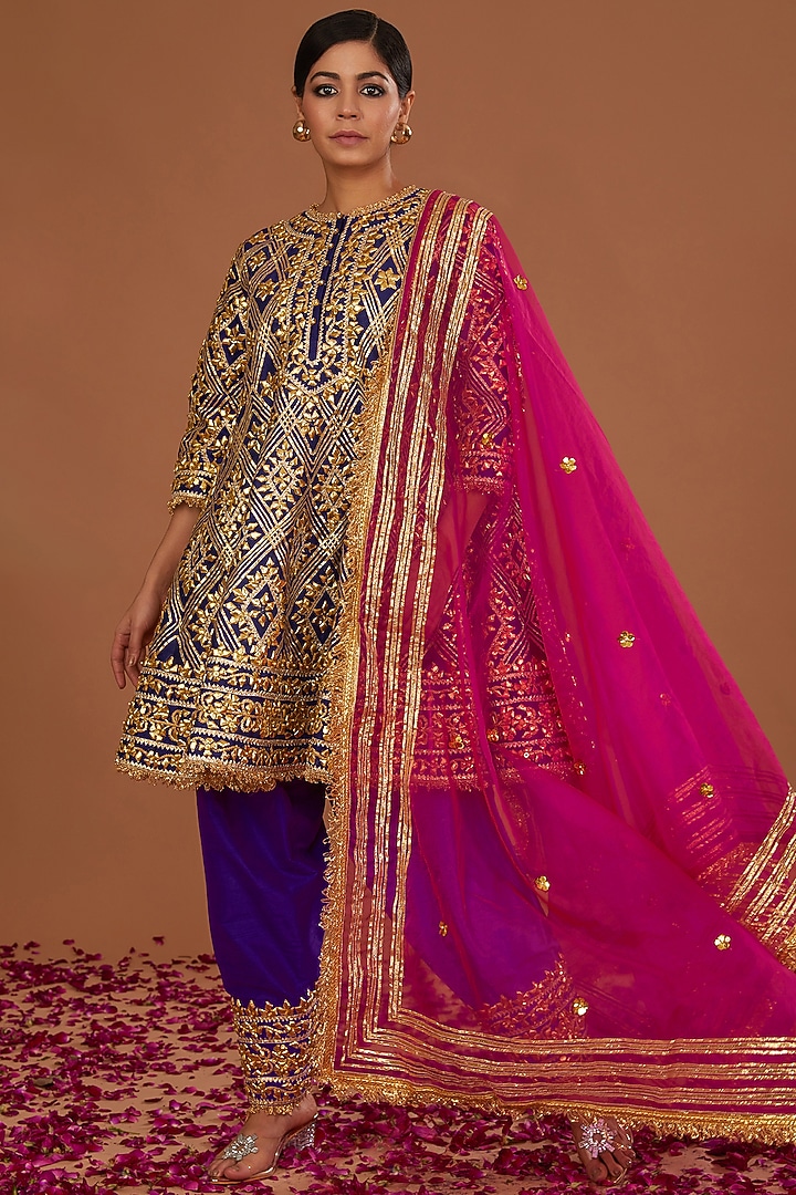 Midnight Blue Dupion Silk Gota Work Wedding Anarkali Set by Preeti S Kapoor at Pernia's Pop Up Shop