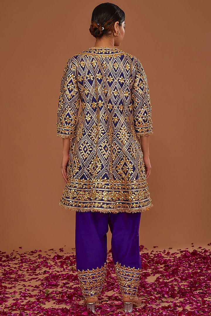 Midnight Blue Dupion Silk Gota Work Wedding Anarkali Set by Preeti S Kapoor at Pernia's Pop Up Shop