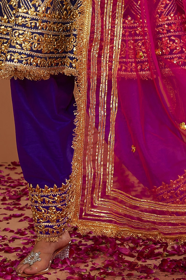 Midnight Blue Dupion Silk Gota Work Wedding Anarkali Set by Preeti S Kapoor at Pernia's Pop Up Shop