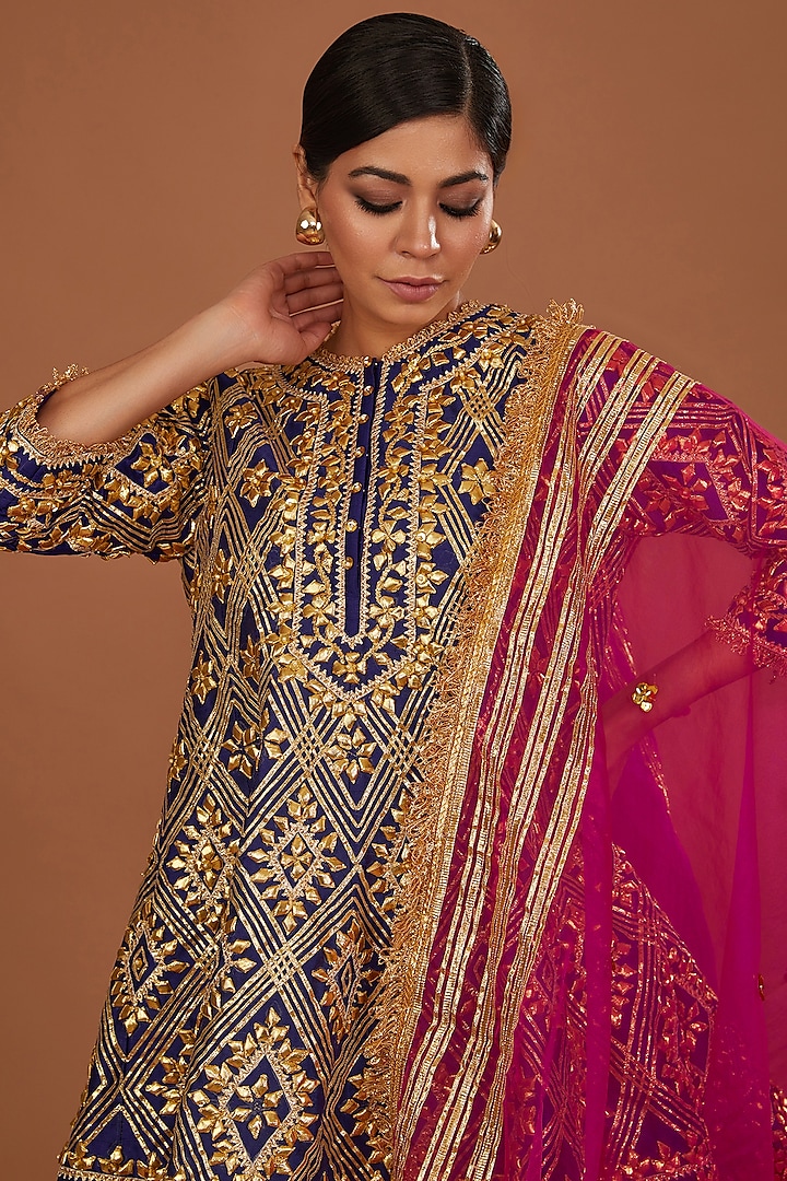 Midnight Blue Dupion Silk Gota Work Wedding Anarkali Set by Preeti S Kapoor at Pernia's Pop Up Shop