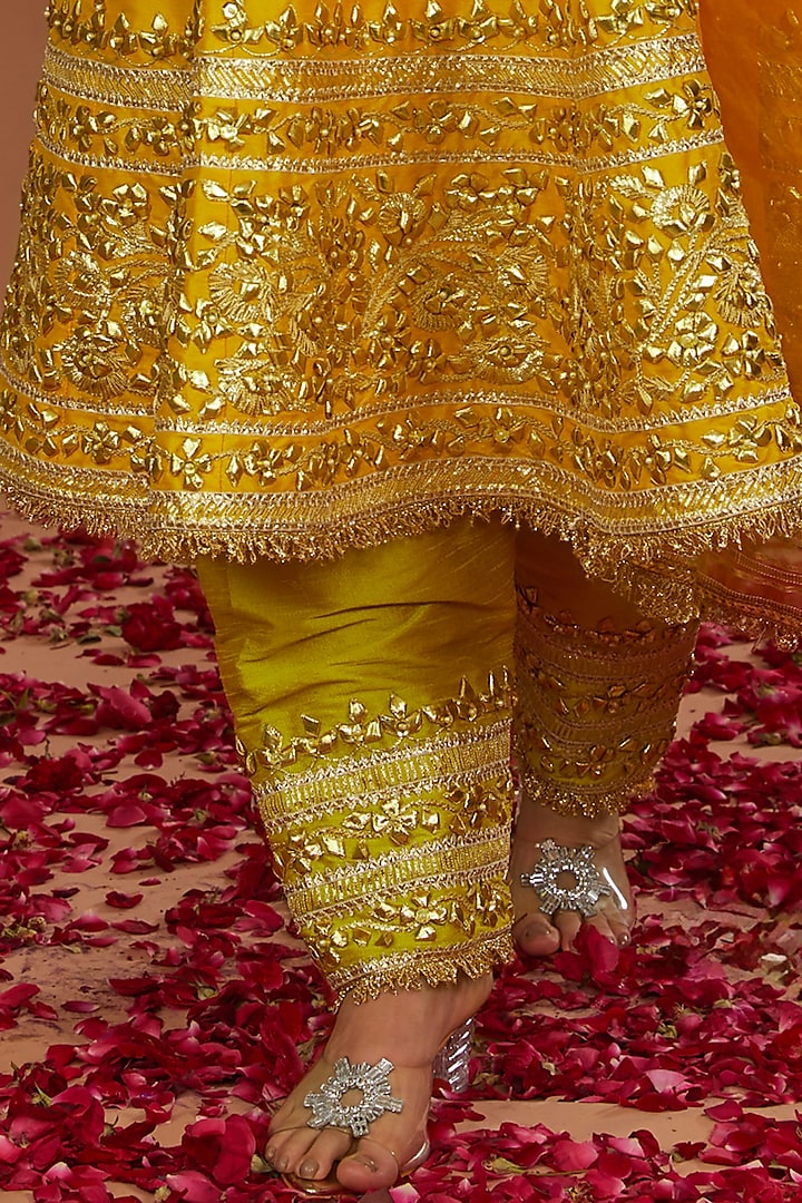 Lime Yellow Dupion Gota Work Wedding Anarkali Set by Preeti S Kapoor at Pernia's Pop Up Shop