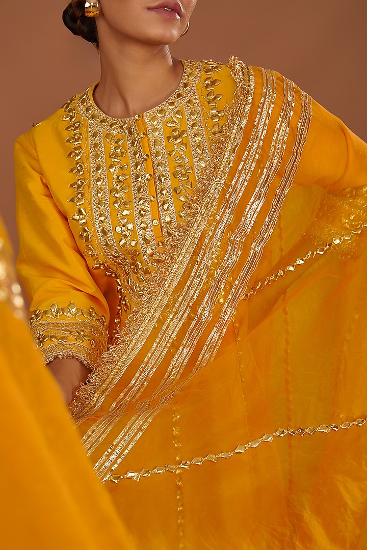 Lime Yellow Dupion Gota Work Wedding Anarkali Set by Preeti S Kapoor at Pernia's Pop Up Shop