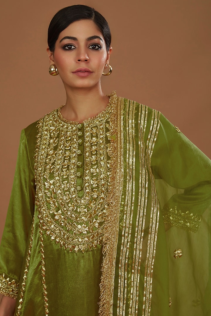 Olive Green Mashru Silk Hand Embellished Kurta Set by Preeti S Kapoor at Pernia's Pop Up Shop