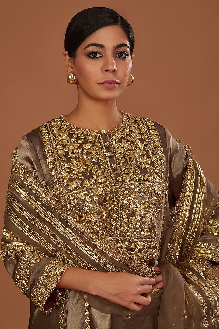 Sepia Brown Mashru Silk Hand Embellished Kurta Set by Preeti S Kapoor at Pernia's Pop Up Shop
