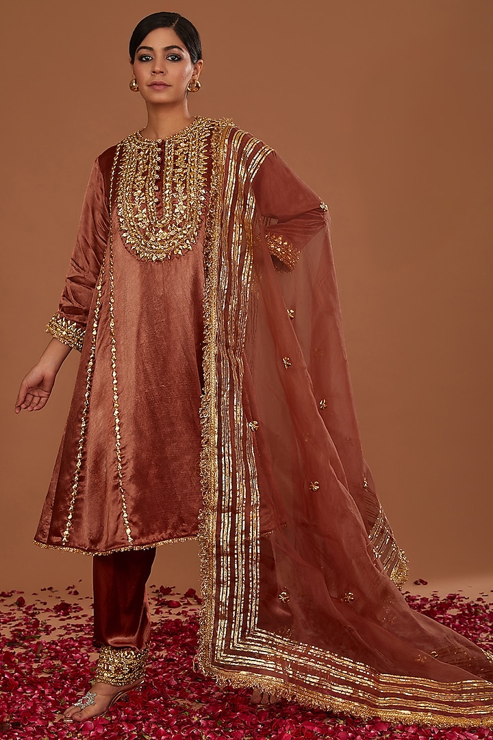 Chestnut Brown Mashru Silk Hand Embellished Kurta Set by Preeti S Kapoor