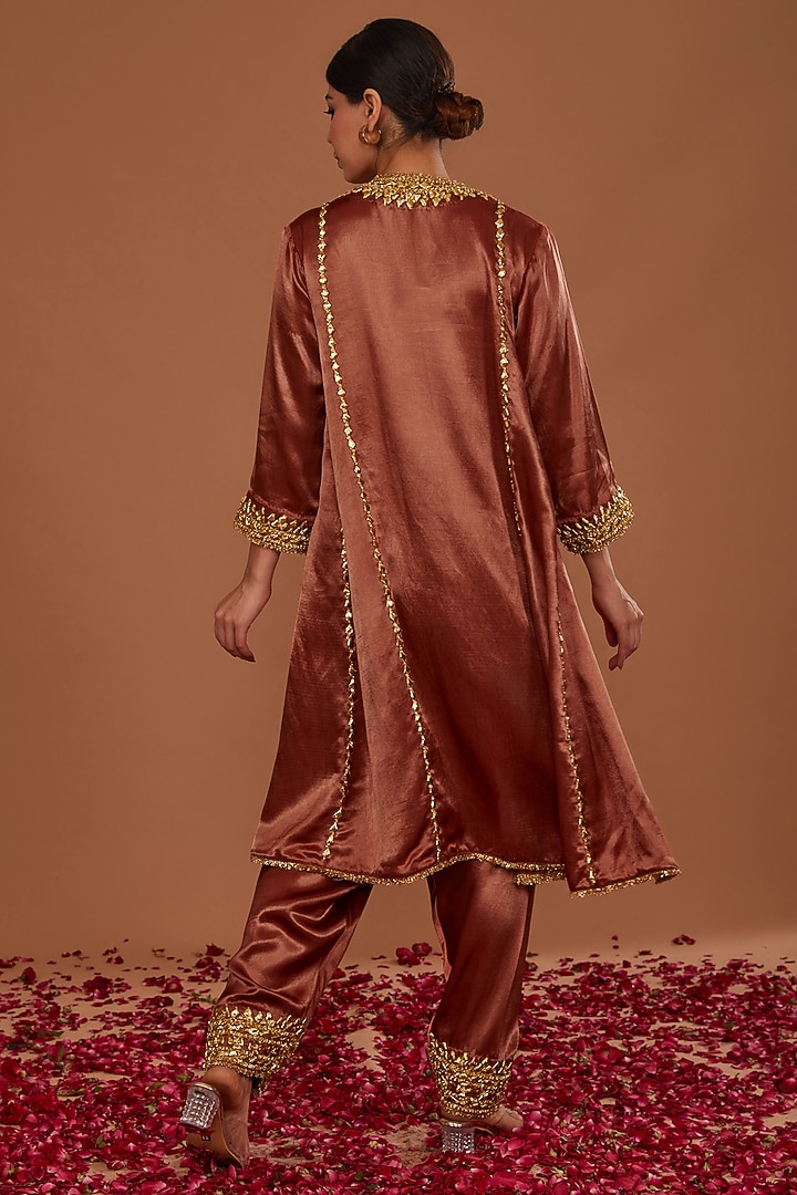 Chestnut Brown Mashru Silk Hand Embellished Kurta Set by Preeti S Kapoor at Pernia's Pop Up Shop