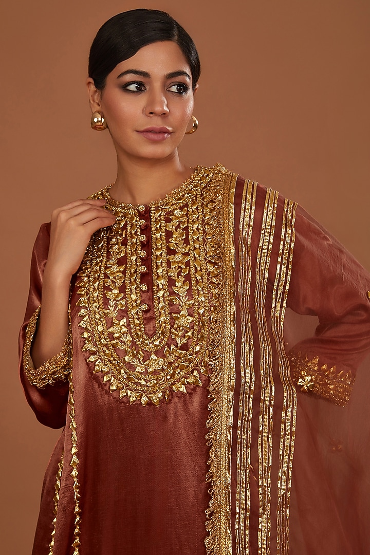 Chestnut Brown Mashru Silk Hand Embellished Kurta Set by Preeti S Kapoor at Pernia's Pop Up Shop