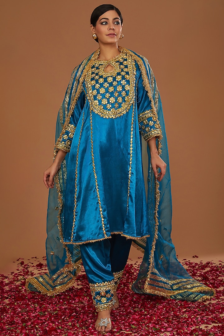 Turquoise Mashru Silk Hand Embellished Kurta Set by Preeti S Kapoor