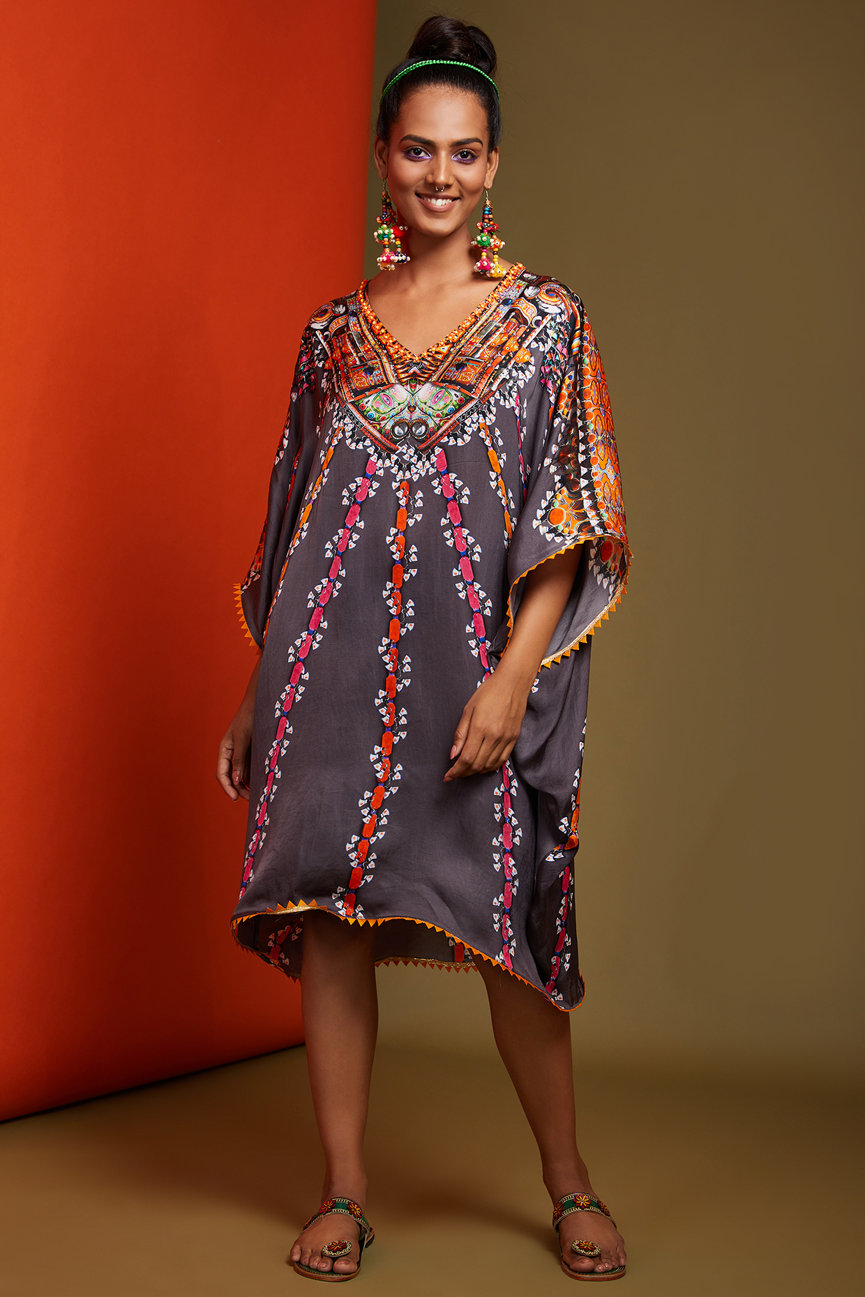 Grey Satin Printed Kaftan by Preeti S Kapoor at Pernia's Pop Up Shop