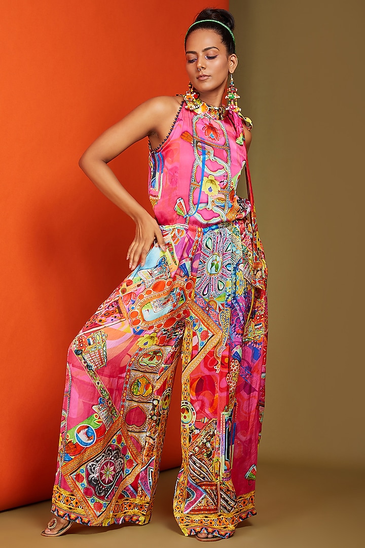 Fuchsia Satin Printed Jumpsuit by Preeti S Kapoor