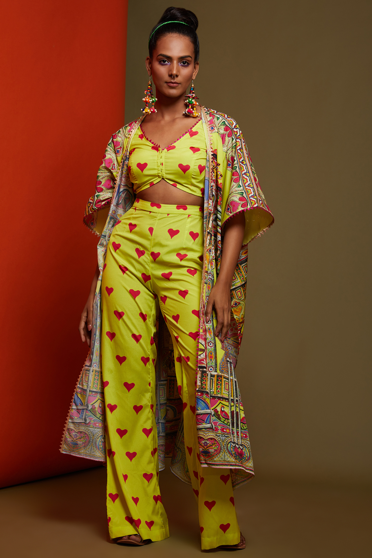 Yellow Satin Printed Cape Set by Preeti S Kapoor