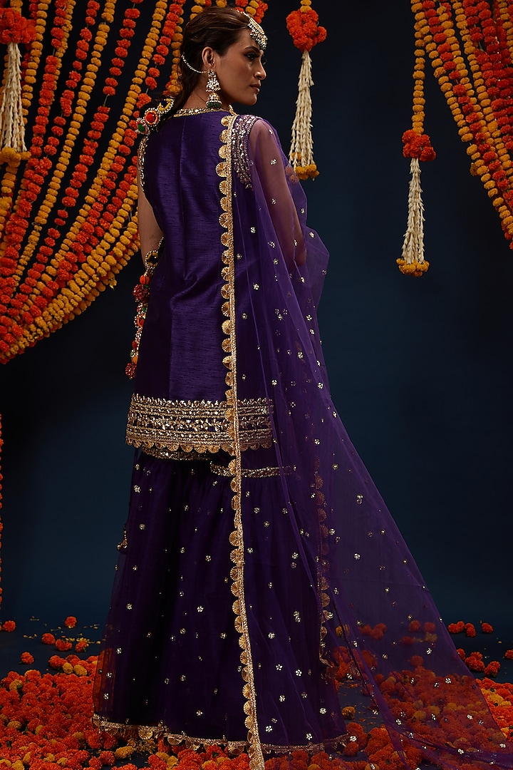 Purple Dupion & Net Gota Embroidered Gharara Set by Preeti S Kapoor at Pernia's Pop Up Shop