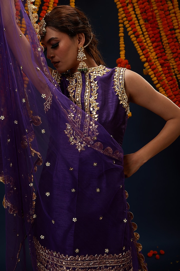 Purple Dupion & Net Gota Embroidered Gharara Set by Preeti S Kapoor at Pernia's Pop Up Shop