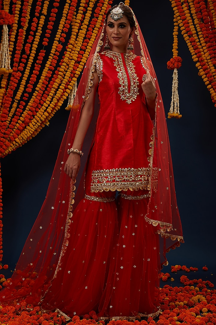 Red Dupion & Net Gota Embroidered Gharara Set by Preeti S Kapoor