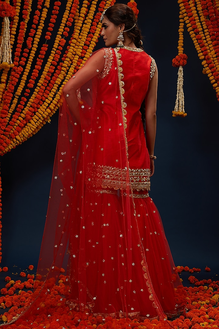 Red Dupion & Net Gota Embroidered Gharara Set by Preeti S Kapoor at Pernia's Pop Up Shop