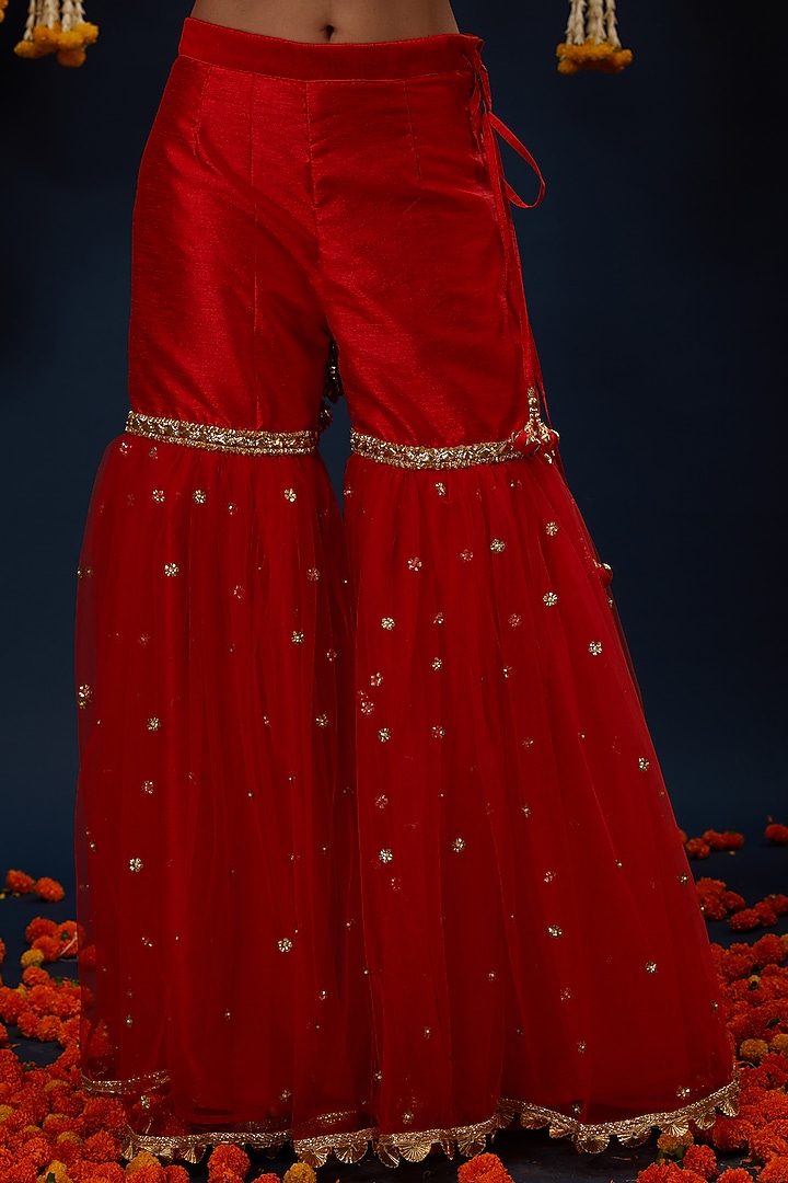 Red Dupion & Net Gota Embroidered Gharara Set by Preeti S Kapoor at Pernia's Pop Up Shop