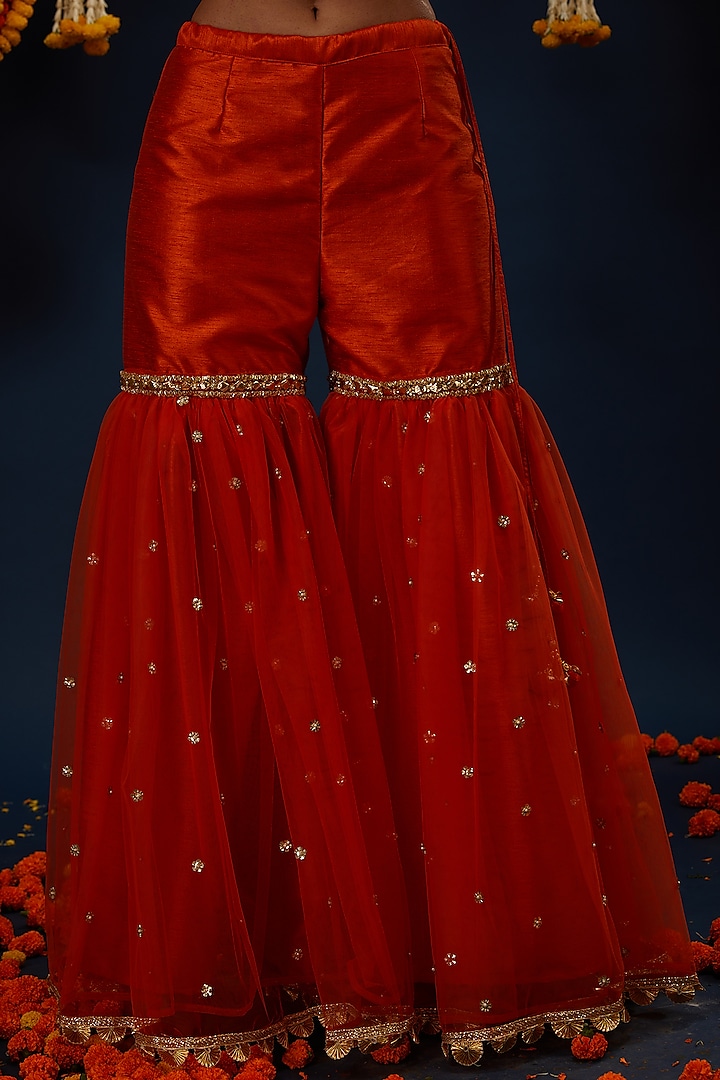 Rust Dupion & Net Gota Embroidered Gharara Set by Preeti S Kapoor at Pernia's Pop Up Shop