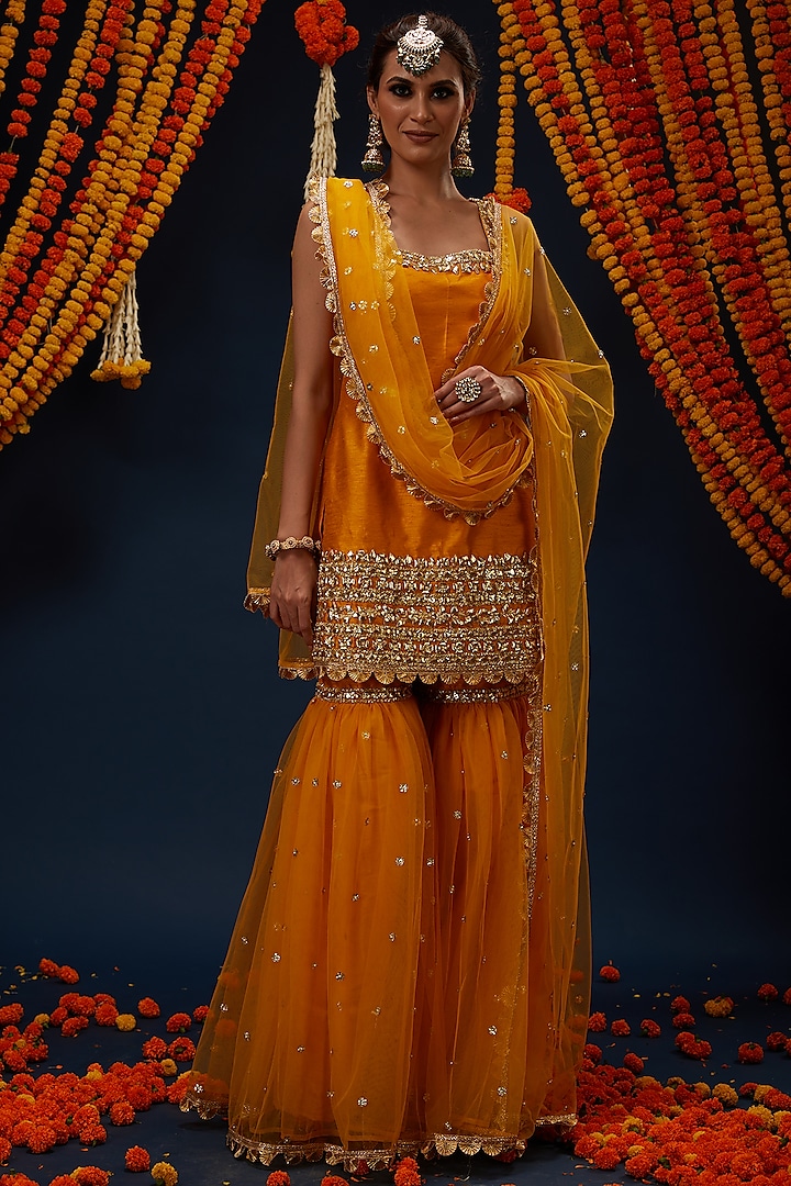 Bright Yellow Dupion & Net Gharara Set by Preeti S Kapoor