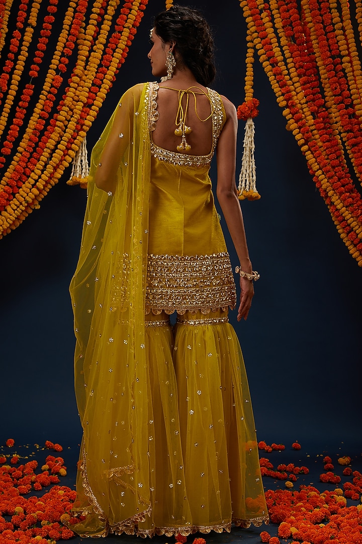 Henna Green Dupion & Net Embroidered Gharara Set by Preeti S Kapoor at Pernia's Pop Up Shop