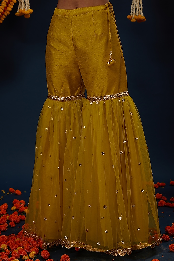 Henna Green Dupion & Net Embroidered Gharara Set by Preeti S Kapoor at Pernia's Pop Up Shop
