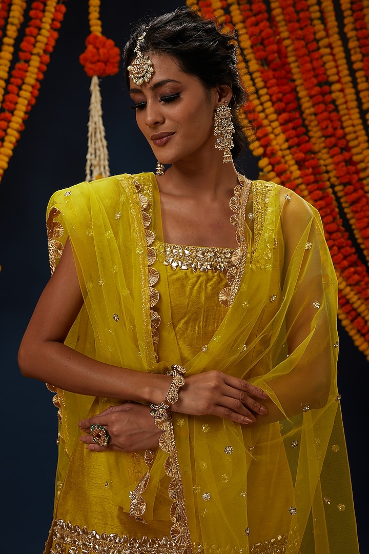 Henna Green Dupion & Net Embroidered Gharara Set by Preeti S Kapoor at Pernia's Pop Up Shop