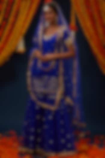 Electric Blue Dupion & Net Embroidered Gharara Set by Preeti S Kapoor at Pernia's Pop Up Shop