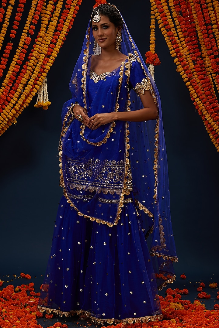 Electric Blue Dupion & Net Embroidered Gharara Set by Preeti S Kapoor