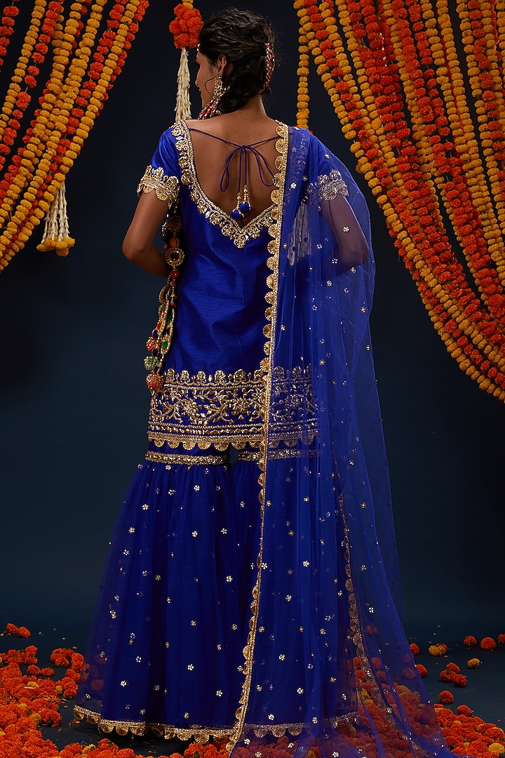 Electric Blue Dupion & Net Embroidered Gharara Set by Preeti S Kapoor at Pernia's Pop Up Shop