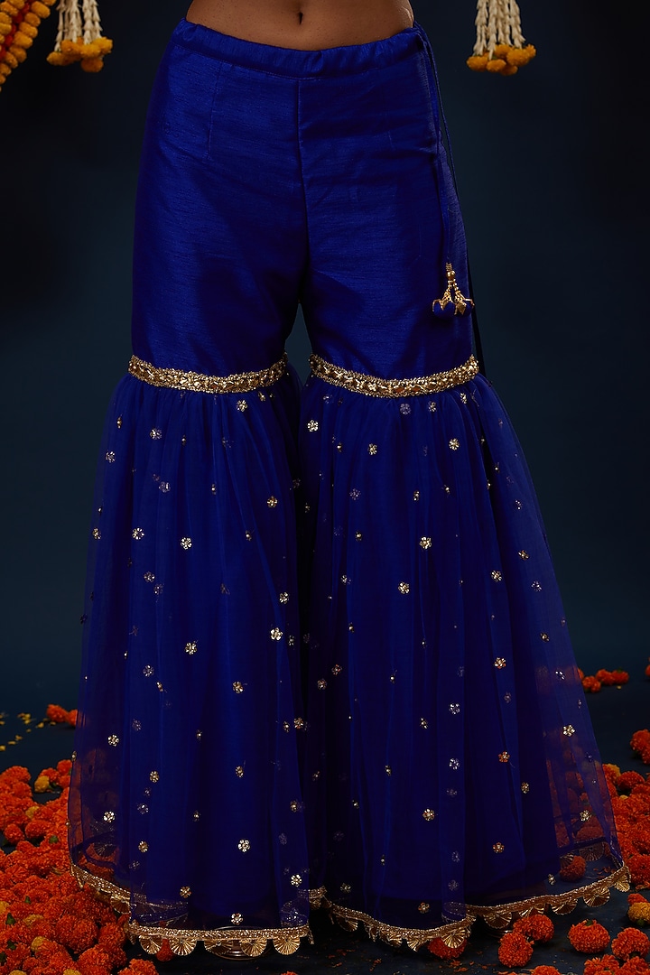 Electric Blue Dupion & Net Embroidered Gharara Set by Preeti S Kapoor at Pernia's Pop Up Shop