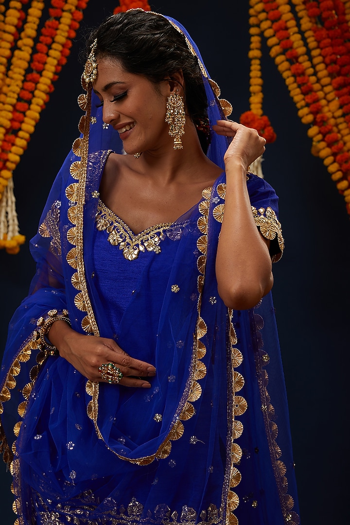 Electric Blue Dupion & Net Embroidered Gharara Set by Preeti S Kapoor at Pernia's Pop Up Shop