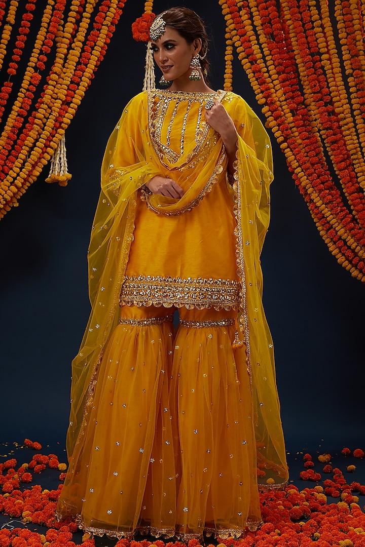 Cadmium Yellow Dupion & Net Embroidered Gharara Set by Preeti S Kapoor