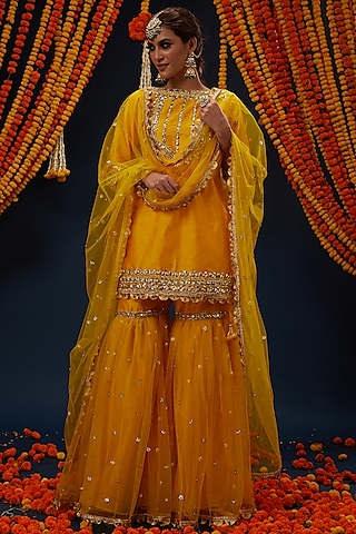 Cadmium Yellow Dupion & Net Embroidered Gharara Set by Preeti S Kapoor