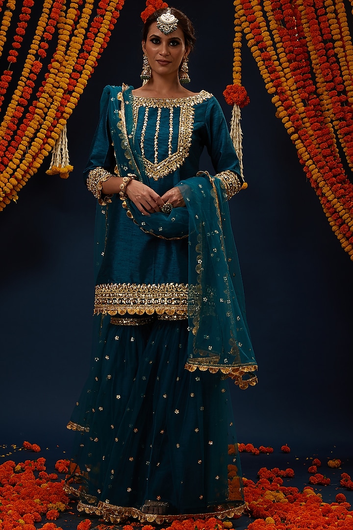 Teal Blue Dupion & Net Embroidered Gharara Set by Preeti S Kapoor