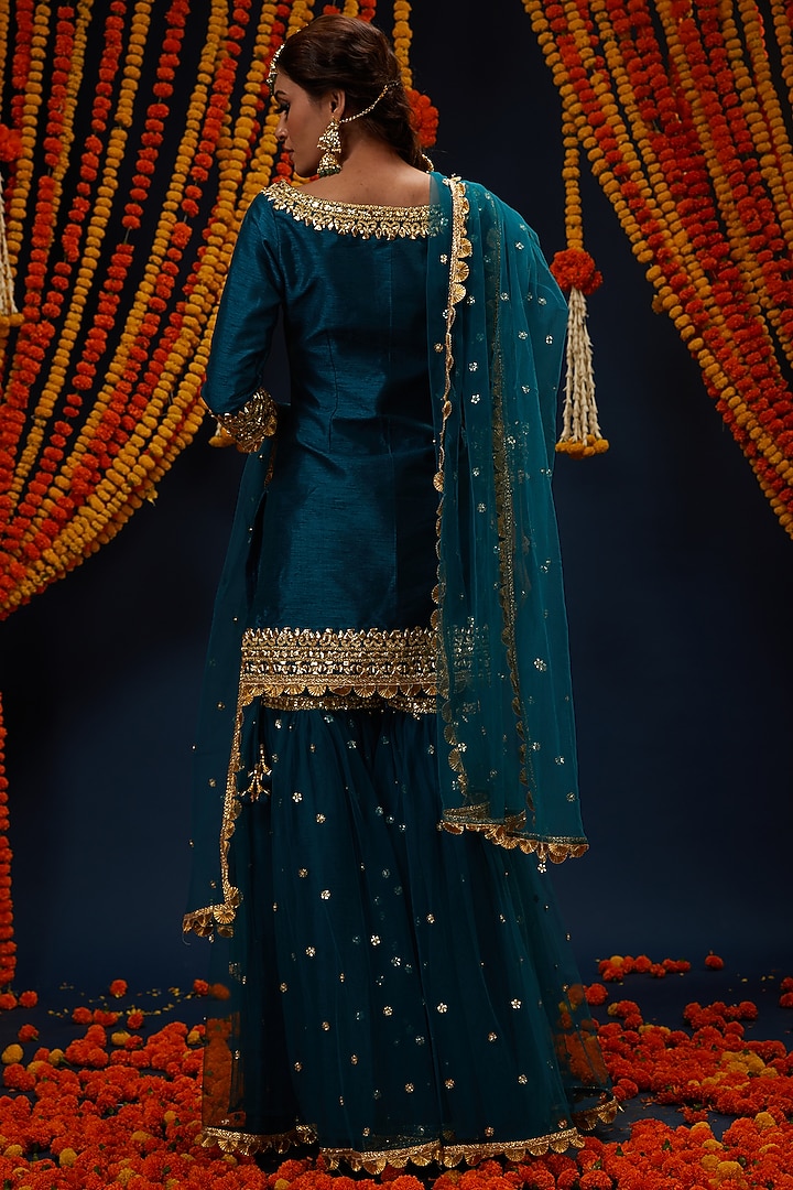 Teal Blue Dupion & Net Embroidered Gharara Set by Preeti S Kapoor at Pernia's Pop Up Shop