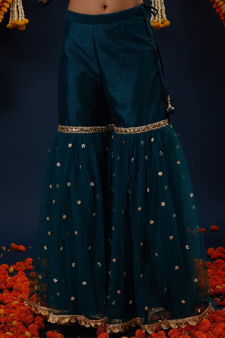 Teal Blue Dupion & Net Embroidered Gharara Set by Preeti S Kapoor at Pernia's Pop Up Shop