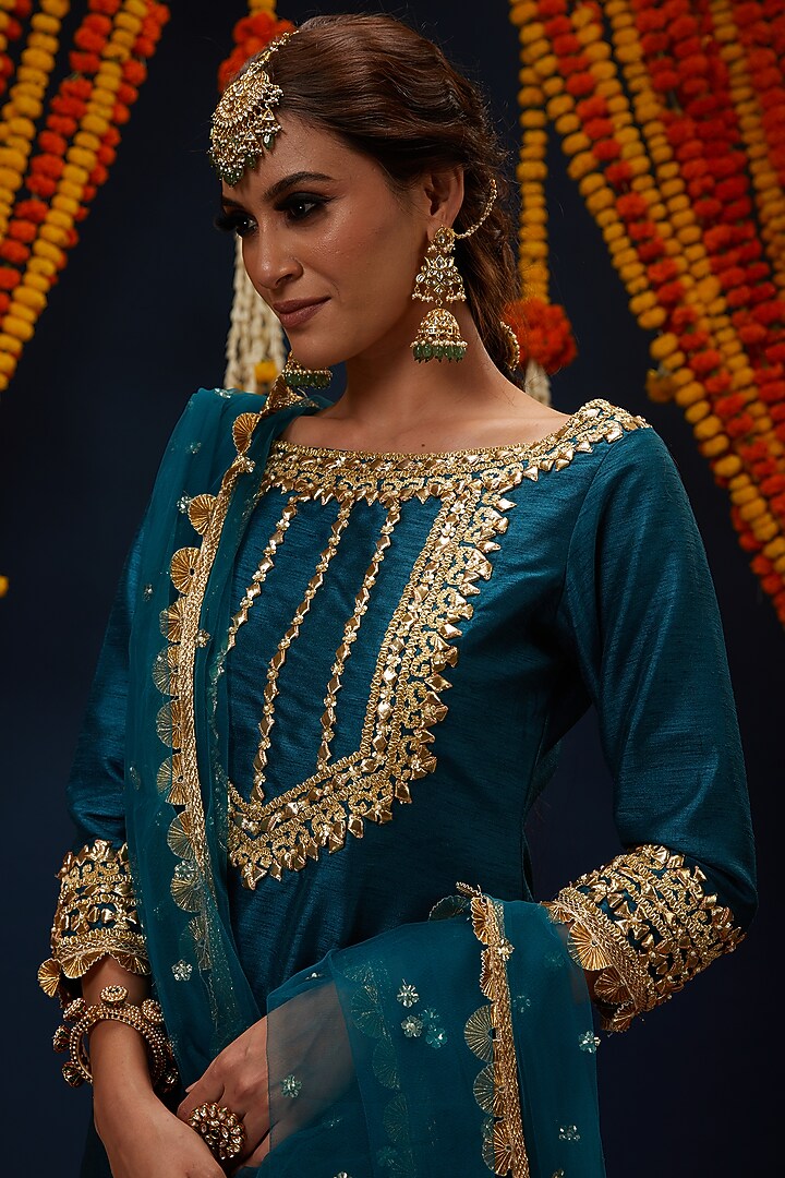 Teal Blue Dupion & Net Embroidered Gharara Set by Preeti S Kapoor at Pernia's Pop Up Shop