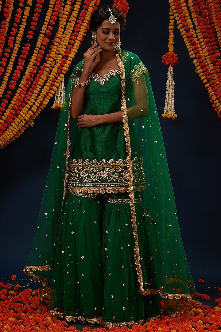 Dark Mint Green Dupion & Net Gharara Set by Preeti S Kapoor